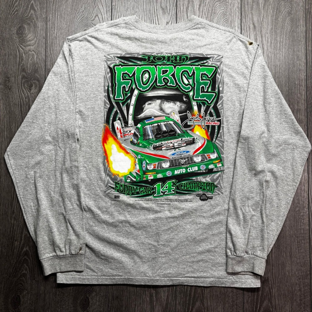 Vintage John Force Racing XL Champion Long Sleeve T-Shirt Gray Nascar